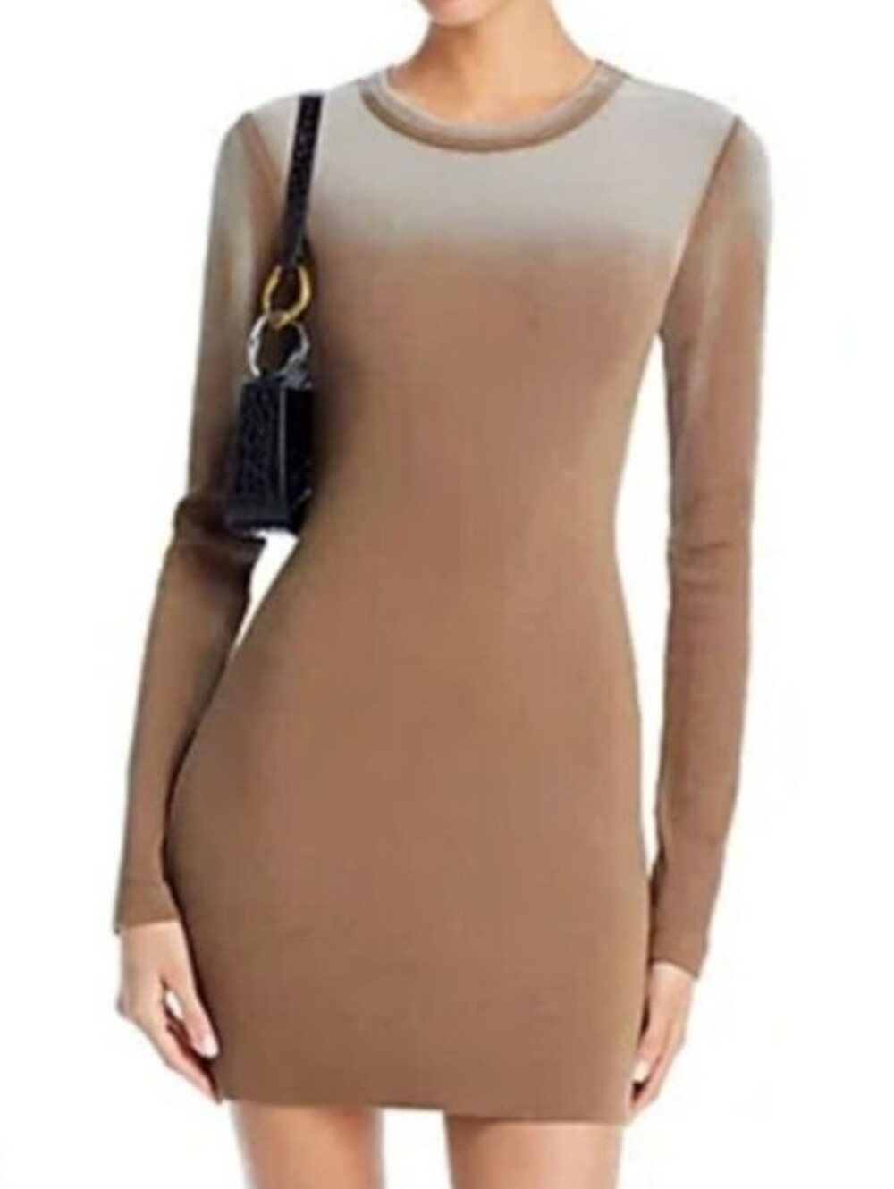 Cotton Citizen Camel Cast Long Sleeve Ribbed Ombre Crewneck Mini Bodycon Dress